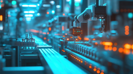 Smart factory with robotic arms performing precision tasks on an assembly line, connected sensors and digital interfaces, glowing cyber-blue background, and copy space.の素材
