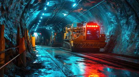 Underground industrial tunnel with automated drilling machinery, glowing red and blue lights, and a cyberpunk aesthetic.の素材