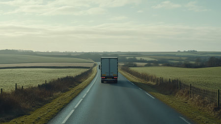 Wide shot of a freight truck on a quiet road through the countryside, with large cargo on the back and plenty of space for transport-related copy.の素材
