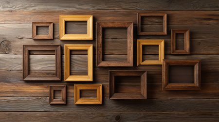 Collage of empty frames in assorted shapes and sizes on rustic wooden wall, eclectic gallery display with spaceの素材