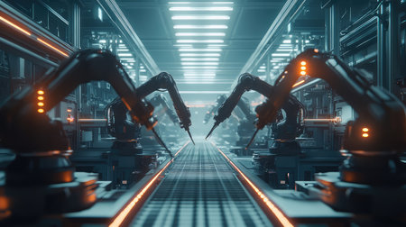 Futuristic smart factory with robotic arms efficiently handling production tasks, advanced AI and digital control systems visible with glowing lighting and copy space.の素材