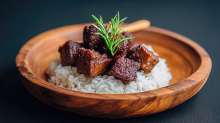 Caramelized pork chunks with glaze over rice on rustic plate, traditional dish setting with copy spaceの素材