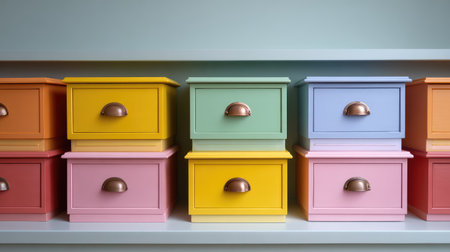 Bright pastel cabinet drawers in a children's room corner, playful storage solution with copy spaceの素材