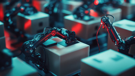 Industrial robotic arms sorting, packaging, and assembling goods in a smart logistics hub, high-tech futuristic automation with copy space.の素材