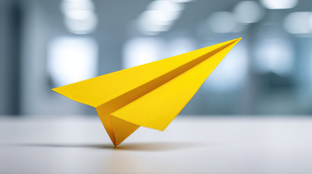 A bright paper plane taking off from a white desk surface, symbol of creative launch or new ideas, with open spaceの素材