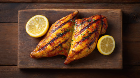 Butterflied grilled chicken served with lemon halves on a rustic board, backyard BBQ feel with blank copy spaceの素材