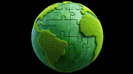 Earth made of green puzzle pieces, a few missing, symbolizing collaborative ideas to solve global issues with spaceの素材