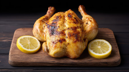 Butterflied grilled chicken served with lemon halves on a rustic board, backyard BBQ feel with blank copy spaceの素材