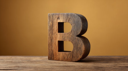 Close-up of wooden letter B standing on rustic wood table, natural texture and warm light with ample copy spaceの素材