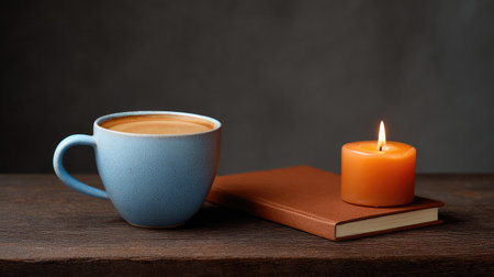 Coffee cup and journal beside a burning candle on a rustic table, lifestyle of slow mornings and intention with copy spaceの素材