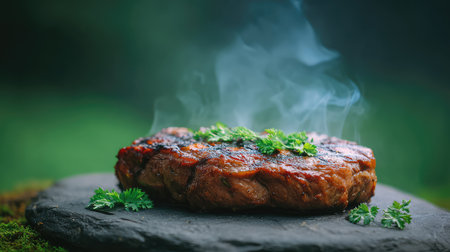 Charcoal-grilled steak under natural light with rustic background and herbs scattered, outdoor barbecue feel with copy spaceの素材