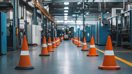 Safety cones and barriers around factory machinery, with clear signage and a neat, organized industrial setting, leaving space for safety messages.の素材