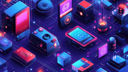 Smart factory with automated robotic arms sorting and packaging goods, digital sensors, and glowing displays controlling the production process, high-tech manufacturing background with copy space.の素材