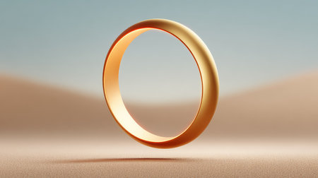 Elegant glowing ring hovering in the air above a surface with soft shadows and minimalist backgroundの素材