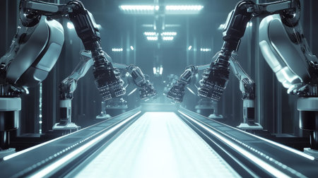 Smart factory with multiple robotic arms performing precision tasks on a conveyor belt, high-tech industrial automation with glowing background and copy space.の素材