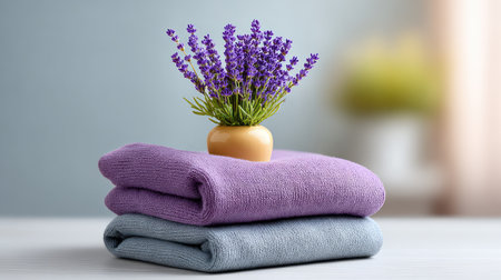 Neatly folded clean laundry with dried lavender on top, home care lifestyle with a sense of peace and cleanlinessの素材