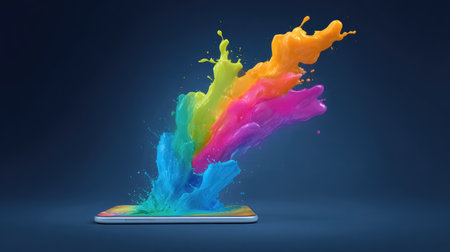 Digital splash of colorful light from a mobile device screen, representing modern creative thinking and space for textの素材
