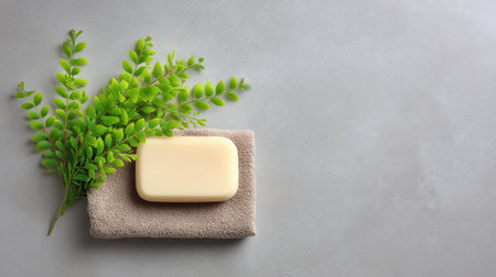 Minimalist bathroom counter with soap bar, towel, and greenery, lifestyle of clean aesthetics and self-care with copy spaceの素材