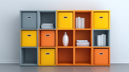 Modular storage cabinet with open cubes and boxes, modern furniture flexibility with white wall backgroundの素材