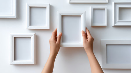 Hand placing a frame on a white wall among other frames, home decoration moment with neutral tones and spaceの素材