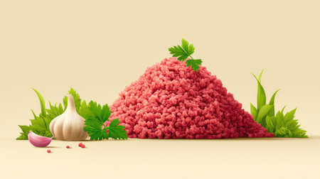 Ground beef in a raw pile with parsley and garlic near, meat preparation scene with blank areaの素材