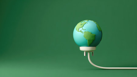 Clean electric plug connecting to the Earth, symbolizing green power and ideas to reduce emissions with copy spaceの素材