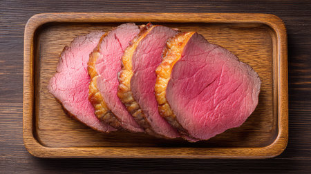 Roast beef sliced thinly on a wooden tray, perfect pink center and caramelized edges with copy spaceの素材
