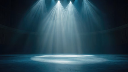 A beam of concert spotlight cutting through fog, creating an ethereal glow as the light disperses in the dark concert hall. No text, no people.の素材