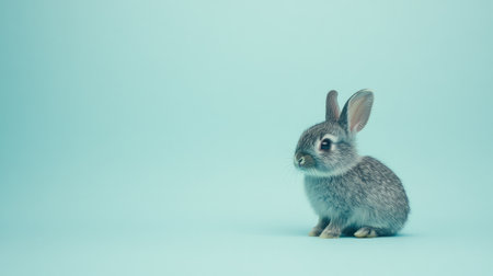 A tiny bunny sitting in the corner of a light blue backdrop, allowing lots of empty space for creative design.の素材