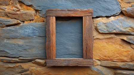 Handcrafted wooden frame with rough edges leaning on a stone wall, natural and rustic vibe with blank areaの素材
