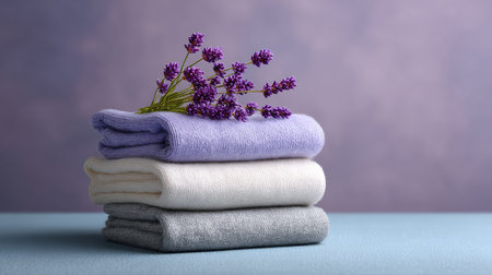 Neatly folded clean laundry with dried lavender on top, home care lifestyle with a sense of peace and cleanlinessの素材