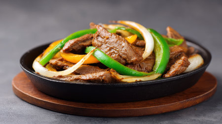 Sizzling beef fajita meat with grilled onions and peppers on cast iron, Tex-Mex meal vibe with spaceの素材