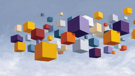 Floating cubes and shapes forming a chaotic but colorful arrangement, symbolizing raw creative energy and freedomの素材