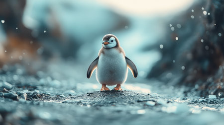 Baby penguin waddling through icy terrain, soft Arctic blues and a dreamy blurred background.の素材