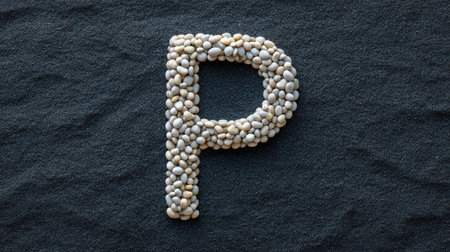 Letter P shaped by tiny white pebbles on dark sand background, natural and minimalist with room to add textの素材