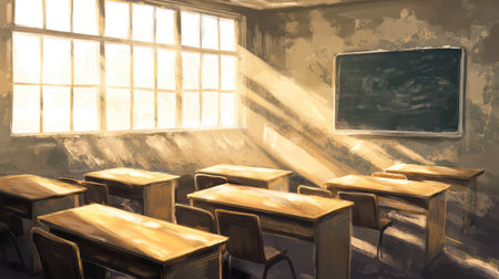 Blurry classroom background with wooden desks, chalkboard, and bright natural lighting for an educational theme. No text, no people.の素材