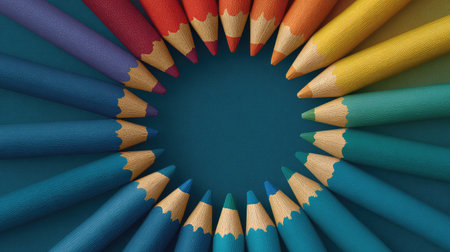 Multiple pencils arranged in a circular pattern around an empty center, suggesting creative focus and space for your messageの素材