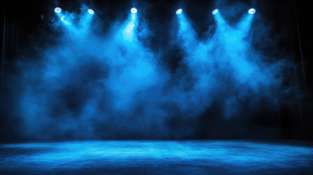 Minimalist spotlight on stage with a cool blue hue, giving a modern, sophisticated ambiance. No text, no people.の素材