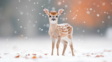 Baby deer standing in a snowy meadow, gentle snowfall and soft blurred background with elegant copy space.の素材