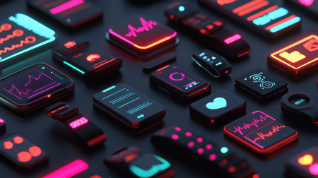 Digital fitness concept background with glowing wearable health data, futuristic screens, and biometric tracking. No text, no people.の素材