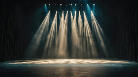 Concert spotlight effect on an empty stage, with light spilling out from the center in sharp, clean beams cutting through the darkness. No text, no people.の素材