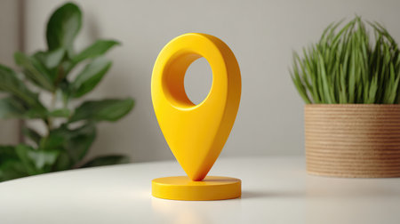A vibrant yellow location marker sits on a flat surface, beautifully complemented by lush green foliage. This image captures the essence of navigation and modern design aesthetics.の素材