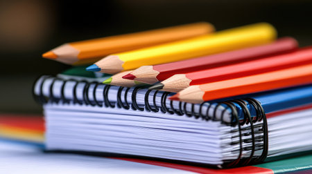 School supplies on a colorful desk with notebooks, pencils, and a blurred classroom in the background. No text, no people.の素材