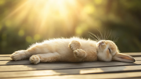 Cute brown rabbit lying down on a wooden surface with blurred background, natural and warm tones leaving empty space.の素材