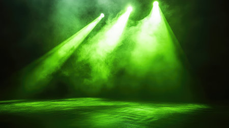 A vibrant green spotlight illuminating a center stage, creating dramatic light effects with rays spilling outwards. No text, no people.の素材