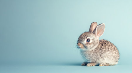 A tiny bunny sitting in the corner of a light blue backdrop, allowing lots of empty space for creative design.の素材