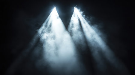 Spotlight shining across an empty concert venue, with rays of light breaking through fog, creating a dramatic effect in the darkness. No text, no people.の素材