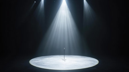Bright club spotlight shining onto a dark, empty stage, the beam illuminating the floor while the background stays in shadow, creating an isolated and dramatic atmosphere with soft light gradients. No text, no people.の素材