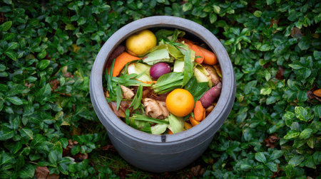 A vibrant compost bin filled with a mix of vegetable scraps and fruit peels showcases the cycle of organic recycling while surrounded by lush green foliage in a garden setting.の素材