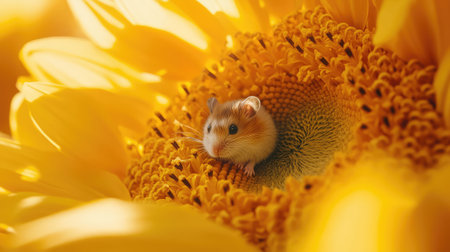 Tiny hamster inside a sunflower, bright and fun composition with open space for design use.の素材